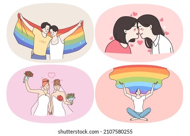 Homosexual relationships and love concept. Set of young positive women lesbians and gays having rainbow in head marrying another woman kissing and hugging vector illustration 