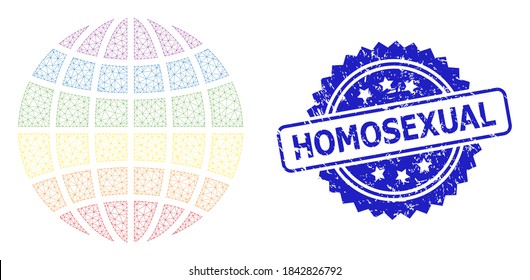 Homosexual unclean stamp seal and vector LGBT globe mesh model. Blue seal contains Homosexual caption inside rosette. Abstract flat mesh LGBT globe, built from flat mesh.