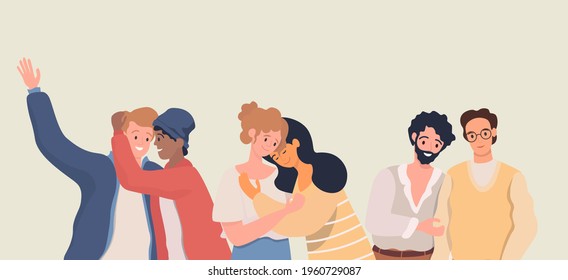 Homosexuality, Romantic Partners Vector Flat Illustration. Happy Smiling Gay And Lesbian Couples Hugging And Looking At Each Other. LGBT Movement, Homosexual Men And Women Falling In Love.