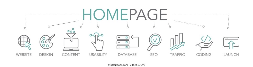 Hompage concept. Banner with Keywords and editable thin line vector icons two-tone