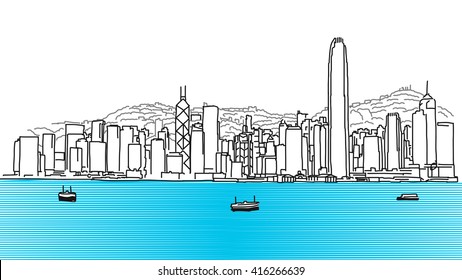 Hon Kong Skyline Panorama, Hand Drawn Outline Sketch