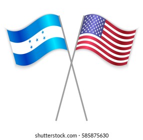 Honduran and American crossed flags. Honduras combined with United States of America isolated on white. Language learning, international business or travel concept.