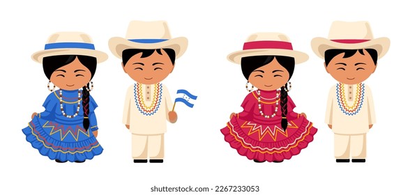 Honduran cartoon characters. Man and woman wearing Honduras national costume. Set of couple in traditional ethnic clothes. Flat vector isolated illustration.