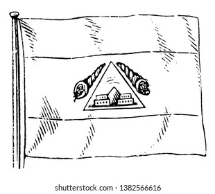 Bandera hondureña, esta bandera está dividida en tres bandas horizontales iguales, tiene triángulo en medio de la montaña y algún edificio, ambos lados del triángulo tienen diseños, trazado de líneas vintage