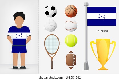 Honduran sportsman with sport equipment collection vector illustrations