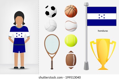 Honduran sportswoman with sport equipment collection vector illustrations