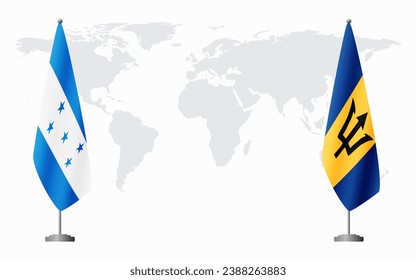 Honduras and Barbados flags for official meeting against background of world map.