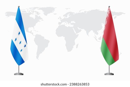 Honduras and Belarusian flags for official meeting against background of world map.