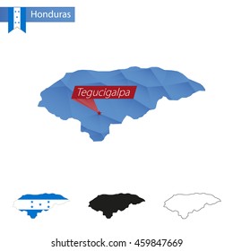 Honduras blue Low Poly map with capital Tegucigalpa, versions with flag, black and outline. Vector Illustration.