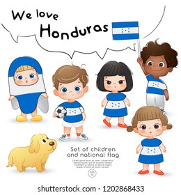 Honduras : Boys and girls holding flag and wearing shirts with national flag print : Vector Illustration