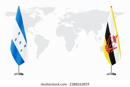 Honduras and Brunei flags for official meeting against background of world map.