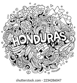 Dibujo del doodle de la caricatura de Honduras. Diseño divertido. Fondo vectorial creativo. Texto manuscrito con elementos y objetos jamaiquinos. Composición esquemática