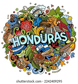 Dibujo del doodle de la caricatura de Honduras. Diseño divertido. Fondo vectorial creativo. Texto manuscrito con elementos y objetos jamaiquinos. Composición colorida