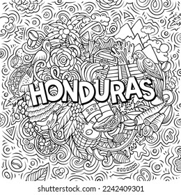 Dibujo del doodle de la caricatura de Honduras. Diseño divertido. Fondo vectorial creativo. Texto manuscrito con elementos y objetos jamaiquinos. Composición esquemática