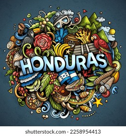 Dibujo del doodle de la caricatura de Honduras. Diseño divertido. Fondo vectorial creativo. Texto escrito a mano con elementos y objetos hondureños. Composición colorida