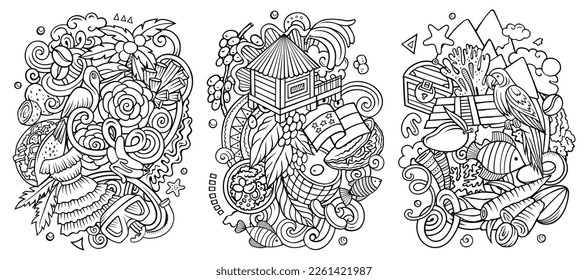 Diseños de doodles vectoriales de Honduras. Composiciones detalladas con muchos objetos y símbolos hondureños