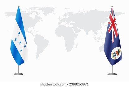 Honduras and Cayman Islands flags for official meeting against background of world map.