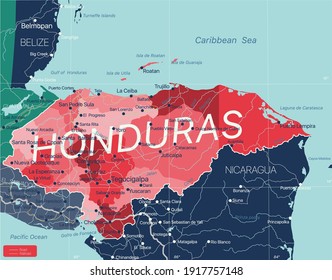 Honduras country detailed editable map with regions cities and towns, roads and railways, geographic sites. Vector EPS-10 file
