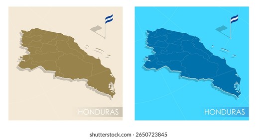 Sinalizador de país de Honduras instalado no ponto do mapa de posicionamento geográfico do território do país. A bandeira da Commonwealth de Honduras em terra e mar. Festivo patriótico modelo de formato HD para o dia da independência