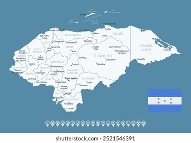 Honduras - detalhado mapa azul do país com cidades e regiões. Ícones infográficos. Ilustração vetorial