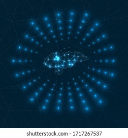 Honduras digital map. Glowing rays radiating from the country. Network connections and telecommunication design. Vector illustration.
