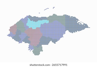Mapa punteado de Honduras. Mapa de estilo digital del país sobre fondo blanco. Forma de Honduras con puntos circulares. Estilo de puntos de colores. Círculos de tamaño Pequeño. Una Ilustración vectorial increíble.