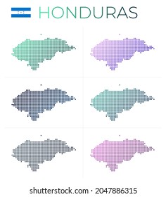 Mapa de puntos de Honduras. Mapa de Honduras en estilo punteado. Las fronteras del país están llenas de hermosos círculos de gradientes lisos. Ilustración vectorial artística.