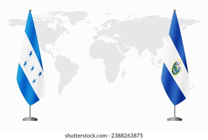 Honduras and El Salvador flags for official meeting against background of world map.