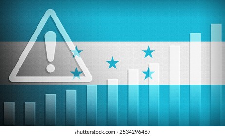 Honduras flag with burlap texture, warning sign, and rising bar chart symbolizing increasing risk or growth challenges in the country. Ideal for data presentations.