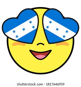 Honduras flag button. Patriotic smile in hearts glasses. Emoji icon isolated on white background.