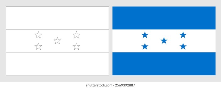Honduras flag - coloring page. Set of white wireframe thin black outline flag and original colored flag.
