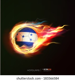 Honduras flag with flying soccer ball on fire isolated black background, vector illustration