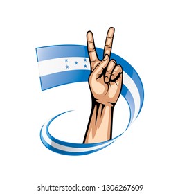 Honduras flag and hand on white background. Vector illustration