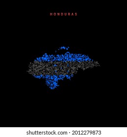 Honduras flag map, chaotic particles pattern in the colors of the Honduran flag. Vector illustration isolated on black background.