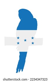 Honduras flag over macaw parrot national bird animal vector silhouette illustration isolated on white background. Honduras souvenir emblem. Country in America. Patriotic Parrot Ara shape shadow.