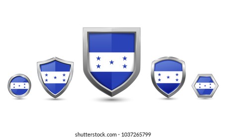 Honduras flag - silver badge with different shape shield, circle and hexagon - on white background stock vector illustration