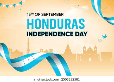 Honduras Flag Waving On Skyline Background. Independence Day Concept Design Vector Illustration.