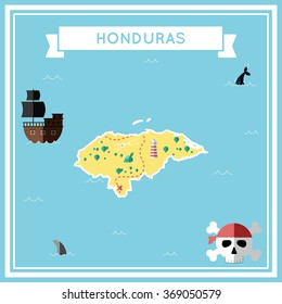Honduras flat treasure map. Colorful cartoon treasure map of Honduras with flat icons of pirate ship, jolly roger, treasure chest and banner ribbon. Flat design vector illustration.
