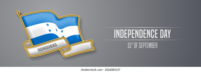 Honduras happy independence day greeting card, banner vector illustration. Honduranian national holiday 15th of September design element with 3D pin with flag