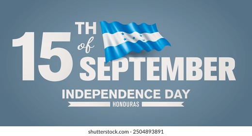 Tarjeta de felicitación de feliz día de la independencia de Honduras, Anuncio con Ilustración vectorial de texto de Plantilla. Hondureños memorial vacaciones 15 de septiembre elemento de diseño con bandera 3D con rayas