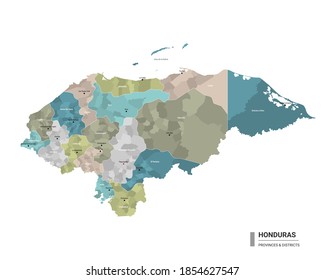 Honduras higt detailed map with subdivisions. Administrative map of Honduras with districts and cities name, colored by states and administrative districts. Vector illustration.