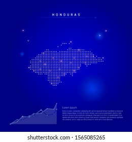 Honduras illuminated map with glowing dots. Infographics elements. Dark blue space background. Vector illustration. Growing chart, lorem ipsum text.