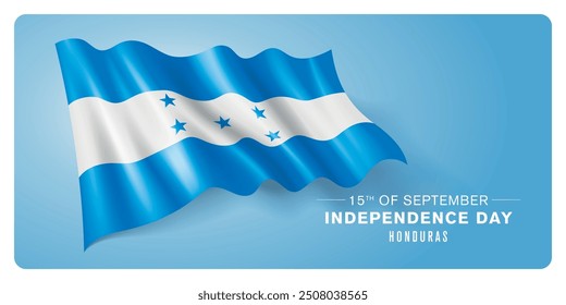 Anuncio de Vector del día de la independencia de Honduras, tarjeta de felicitación. Bandera ondulada de hondureños en el diseño Horizontal patriótico de la fiesta del 15 de septiembre con la bandera realista