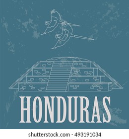 Honduras landmarks. Copan Ruinas, ara parrot. Retro styled image. Vector illustration