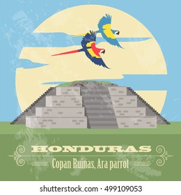 Honduras landmarks. Copan Ruinas, ara parrot. Retro styled image. Vector illustration