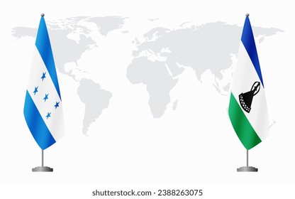 Honduras and Lesotho flags for official meeting against background of world map.