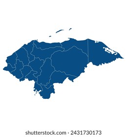 Honduras map. Map of Honduras in administrative provinces in blue color