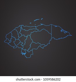 Honduras map: blue glitter outline with sparkling stars on dark background. Detailed map of Honduras. Vector illustration.