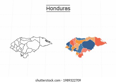Honduras map city vector divided by colorful outline simplicity style. Have 2 versions, black thin line version and colorful version. Both map were on the white background.