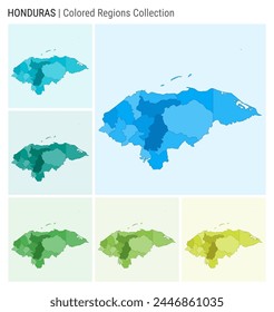 Honduras map collection. Country shape with colored regions. Light Blue, Cyan, Teal, Green, Light Green, Lime color palettes. Border of Honduras with provinces for your infographic.